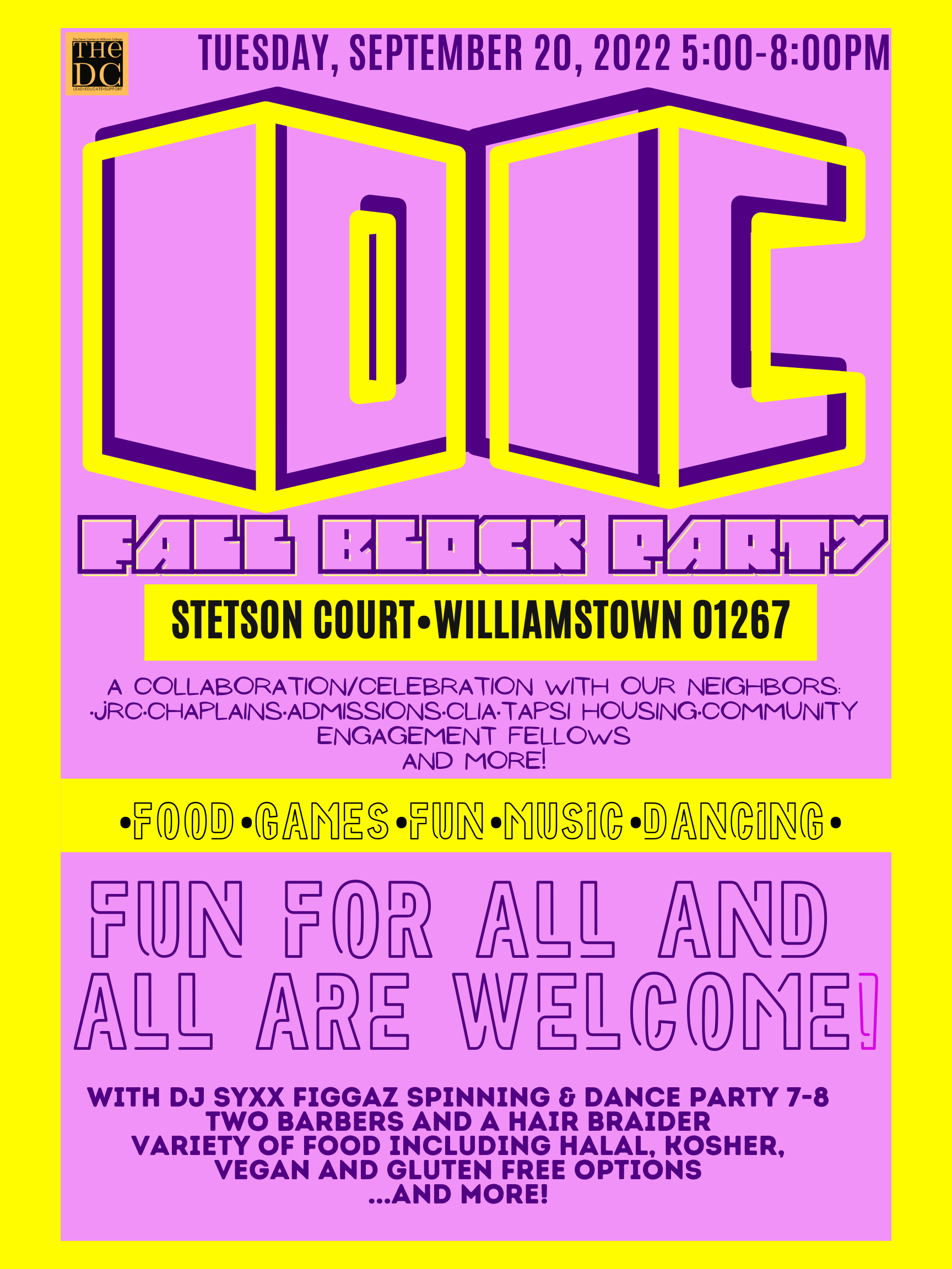 DC FALL BLOCK PARTY TUE. 09.20.22 5p-8p FOOD*MUSIC*COMMUNITY*BARBERS*FUN FOR ALL* Stetson Court 01267